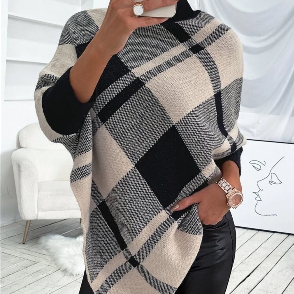 SHEIN mock neck plaid knit poncho